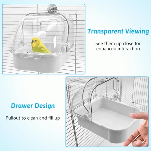 Tfwadmx Bird Cage Bath Hanging Parrot Bath Tub Water Shower Food Feeder Holder Tray Bird Bath Supplies for Small Birds Canary Budgies Cockatiel Lovebirds (White) - color: White