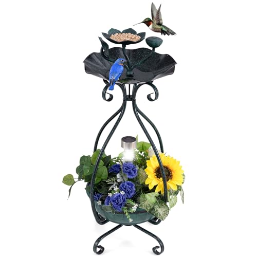Giantex Bird Bath with Planter - Solar Lighted Bird Bath for Outside with Bird Feeder, Lotus Water Bowl for Bathing, Flower Planter with Drainage Holes, Standing Birdbath for Garden Yard (Green) - color: Green