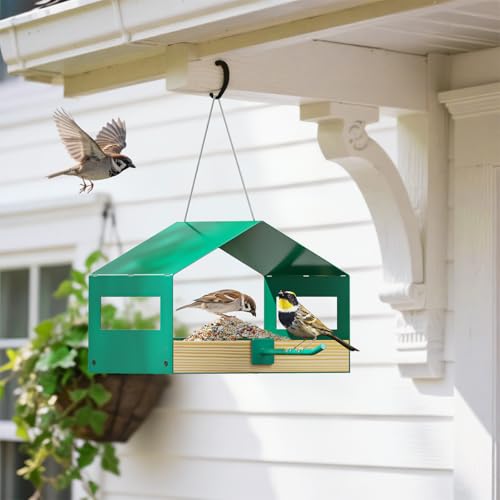 FANHAO Metal Bird Feeder for Outdoor Hanging, Wild Bird Feeder House with Rust-Resistant Mesh, Hanging Platform Bird House Feeder for Attracting Birds, Weatherproof, Easy to Clean & Refill