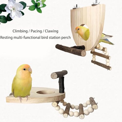 Bird Perch for Cage, Natural Pine Wood Platform with Ladder, Cage Mounted Parrot Perch for Parakeets, Cockatiels, Budgies, Finches & Small Birds