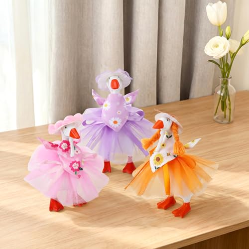 3 Sets 7 Inch Spring Desk Goose Outfits | Mini Bonnet Mesh Skirt Floral Bandana for Magnetic Statue Desk Decor