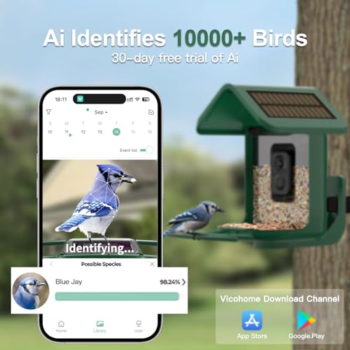Bird Feeder with Camera Solar Powered : Smart Camera Bird Feeder 2K Live Feed Cam for Backyard - AI Identify Auto Capture Videos Pictures, Gifts for Birdlover Mom Dad, 2.4GHz WiFi - color: Green