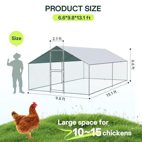 Large Metal Chicken Coop with Run, Waterproof & UV Protected Cover, Holds Up to 30 Chickens. Double Lock Doors, Spire Roof Design, Ideal for Hens, Ducks and Rabbits (13.1 x9.8 x 6.6 FT)