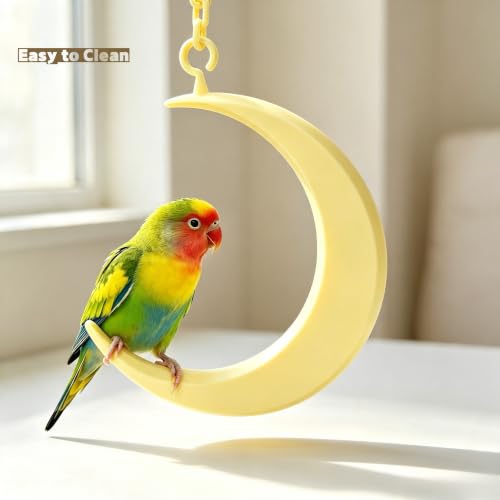 Hanging Moon Bird-Swing Perch, Parakeet Swing Toys with Chain, Grinding Claw Beak Cage Accessory for Small Parrots - color: Yellow Moon