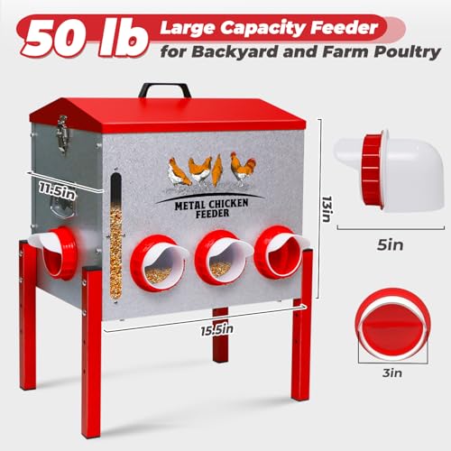 Automatic Chicken Feeder 50LBS Large Capacity, 8 Anti-Waste Ports Metal Poultry Feeder with Height Adjustable Stand, Waterproof Rodent Proof Feed Box with Lid Viewing Window for Hens Ducks Geese - size: 50LBS