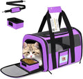 17" Airline Approved Cat Carrier for Cats up to 15lbs, Purple | TSA compliant fits under seat, soft-sided lightweight, 4-side breathable mesh,collapsible food bowl for travel - color: Purple