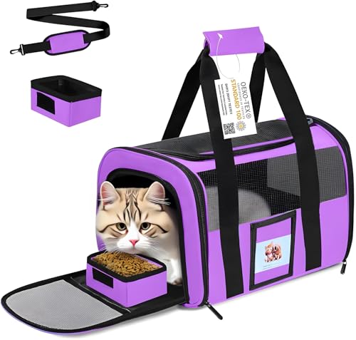 17" Airline Approved Cat Carrier for Cats up to 15lbs, Purple | TSA compliant fits under seat, soft-sided lightweight, 4-side breathable mesh,collapsible food bowl for travel - color: Purple