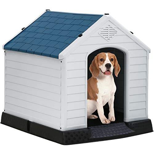 FDW | Dog House | 28" L x 26" W x 28" H | Blue | Plastic Kennel for Puppy to Small Dogs with Air Vents & Elevated Floor | Rainproof & Anti Snow | For Indoor & Outdoor Use - style: Blue