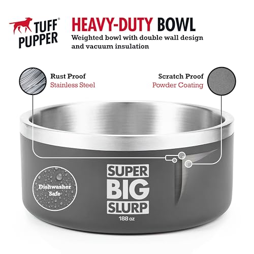 Tuff Pupper Heavy Duty Insulated Dog Bowl | Double Wall Stainless Steel Dog Food Dish | Non-Slip Spill Proof Dishwasher Safe Cat Bowl | Water Dish for Feeding Large Medium Small Pets (188oz, Grey) - color: Cool Grey, size: 188oz