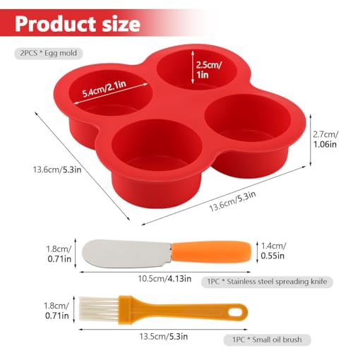 2 Pack Silicone Egg Bite Molds with 1 Spatula & 1 Brush, 4 Cups Silicone Air Fryer Baking Pan Non-Stick for Egg Bites, Cupcake, Tart, Frittata, Quiche, Muffins, Cornbread - color: Red