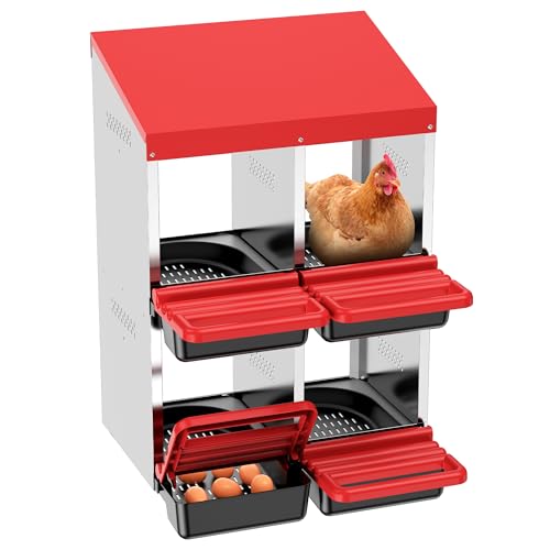 ZenxyHoC Two-Tier Chicken Nesting Box Red 4 Compartments | Metal Egg Laying Box with Rollout Egg Collection & Swing Perch for Backyard Chicken - size: 4 Compartments
