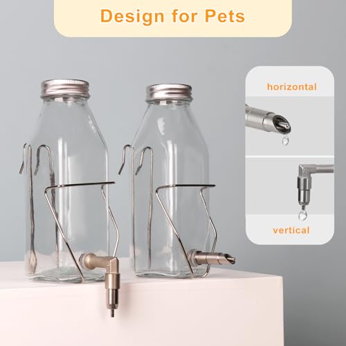 Guinea Pig & Rabbit Water Bottle, 350ml No-Drip Chew-Proof Glass Dispenser with Stainless Steel Nozzle for Hamster, Squirrel, Bird, Guinea Pig Cage (350-H)
