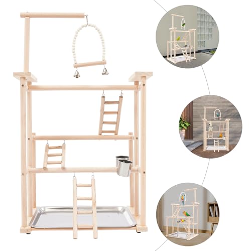 Parrots Rack, Wood Bird Playing Stand, Pet Parrot Rack Playground Wood Perch Gym Stand Playpen Ladder with Toys Exercise Playgym with Feeder Cups Toys Exercise Play