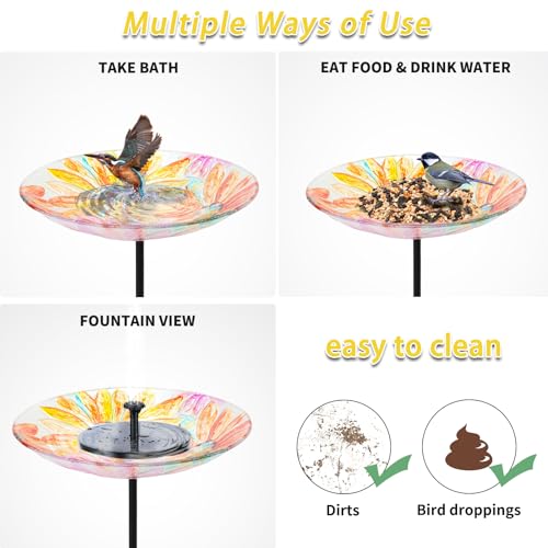 Glass Bird Baths for Outdoors, Bird Feeders Bowl for Garden Decor | 25 Inch Height Glass Bird Bath for Outside, Daisy Birdbaths Bowl with Metal Stake, Bird Feeders for Garden, Patio, Lawn Decor - color: daisy