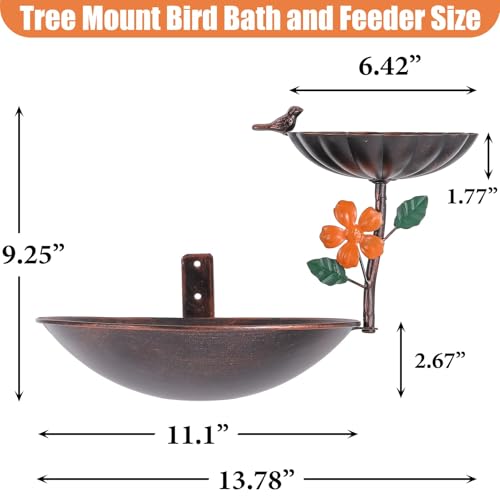 Tree Mounted Bird Bath, Wall Mount Bird Baths for Outdoors, Metal Birdbath and Feeder Combo, Antique Birdbaths Installed on Wooden Fences Trees Deck Outdoor Walls - color: Bronze2