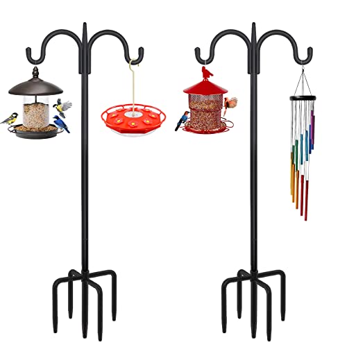 Heavy Duty Shepherds Hook 2 Pack 92" Double Hooks Adjustable (44/60/76/92") - Metal 5-Prong Base, 15lb Capacity - Easy Assembly Bird Feeder Pole for Hanging Planters, Lanterns, Wind Chimes - color: 2-Pack, size: 92" Double Hook