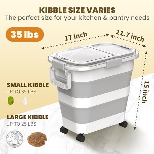 HOYTAMDA 25-35Lbs Rice Container,Collapsible Food Storage Container Wheels | Rice Storage Container with Transparent Airtight Lid,Handle,Small Bin&Scoop,Rice Dispenser for Flour Sugar Grain Dog Cat - color: Clear/25-35lbs