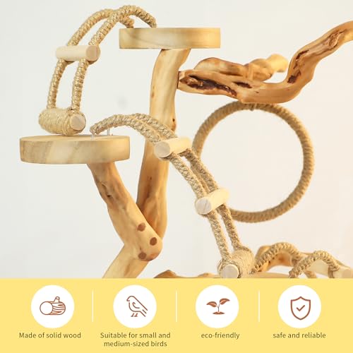 Natural Solid Wood Bird Perch Stand for Small & Medium Birds – Eco-Friendly, Sturdy Parrot Playstand with Hanging Toys & Rope Ring, Safe & Durable Bird Cage Accessory (WOOD-A1003) - color: WOOD-A1003