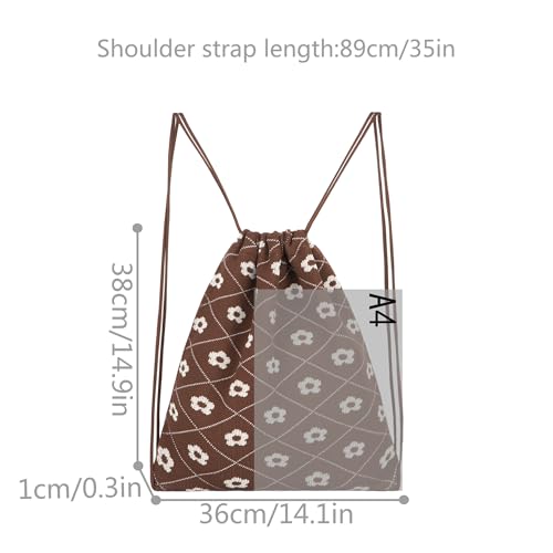 Lobagve Drawstring Backpack Boho Purse Leisure Daypack Yoga Sport String Bag - color: Flower—dark Red&khaki