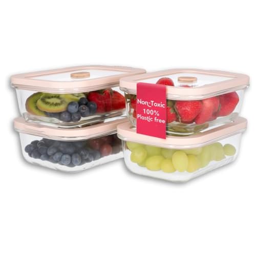 Non-Toxic Glass Food Containers with Lids, 4-Pack, 21 oz, Airtight, Beige | Plastic & BPA free. Glass body, glass lid & platinum silicone seal. Airtight & leakproof. Freezer & microwave safe. - color: Beige, size: 21 Oz