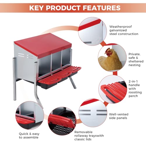 Chicken Nesting Box 3-Compartment Roll-Out with Pull-Out Trays, Egg Nesting Boxes for Hens, Chicken Coop Laying Box,Easy Wall Mounting with Metal Legs - color: red, size: 30.7"L x 20.1"W x 20.1"H