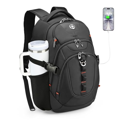Swissdigital Design Laptop Backpack with USB Charging Port, Travel Backpack Fits 15.6 inches Computer, 31L College School Backpack for Men, Black | SD803-01 - color: Black