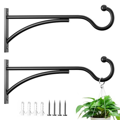 11 Inch 2 Pack Heavy-Duty Metal Plant Hanger Hooks, outdoor, Matte black | 30 lb capacity | For bird feeders, flower baskets, wind chimes, lanterns| Black | outdoor | Wall-mounted | Heavy Duty - size: 11 in, 2 pk