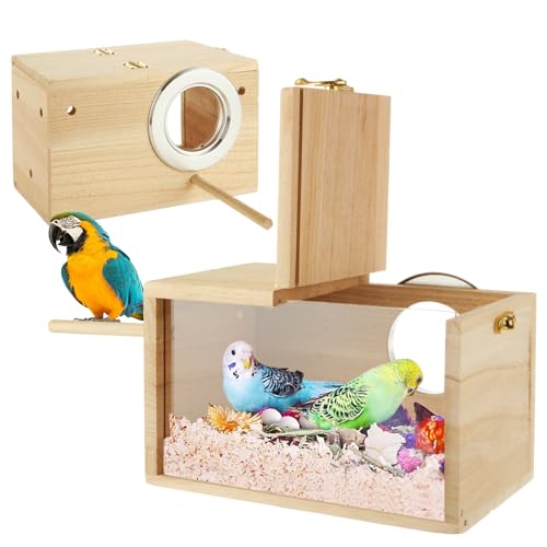 QTLCOHD 2 Pack Parakeet Nesting Box, Natural Wood Breeding Box | with Transparent Acrylic Window, Bird Nesting Box for Parakeets, Lovebird, Cockatiels, Conure