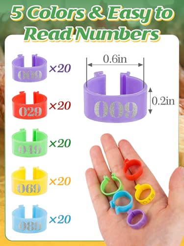 MEWTOGO 0.6in 100 Pcs Numbered Chicken Leg Identification Bands | Openable Reusable Readable 1-100 Poultry Leg Rings for Ducks Goose Gamefowl Turkey, Chicken Coop Accessories - size: 0.6in