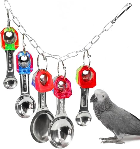 Bird Chew Toys, Parrot Toys, Spoon&Ring Toy for Small/Medium Birds | Steel Chain Spoons, Acrylic Rings, Bird-Safe Toy, Hangs Securely, Mental Stimulation; For Macaws, Cockatoos, Greys & More