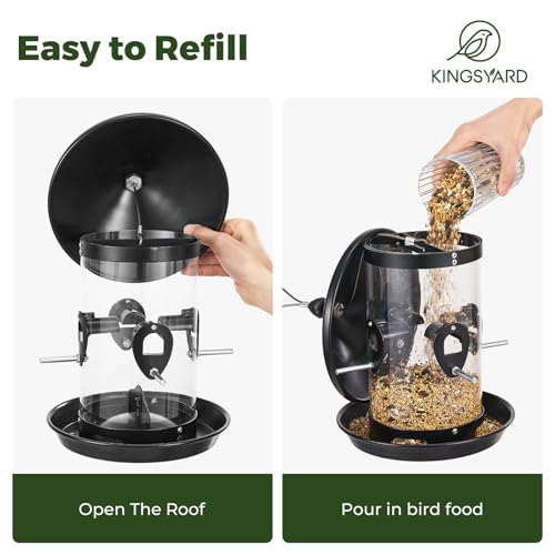 Kingsyard Large Metal Bird Feeder for Outdoors Hanging, Tube Bird Feeders | Squirrel Chew Proof, 4 1/2 Cups Capacity, 8 Ports, 360° Seed Tray, Weatherproof, Easy to Clean & Refill, For Cardinal, Black
