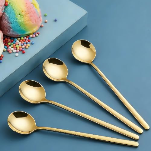 Long-handled Mirror-Finish Small Round Stainless Steel Spoon, Suitable for Scooping Bird's Nest, Honey, Coffee, Milk Powder, Sugar, Cocoa Powder and Other Foods & Desserts (4pcs 5.1", Gold-Plated) - size: 5.1in, style: 4Pcs Gold-Plated