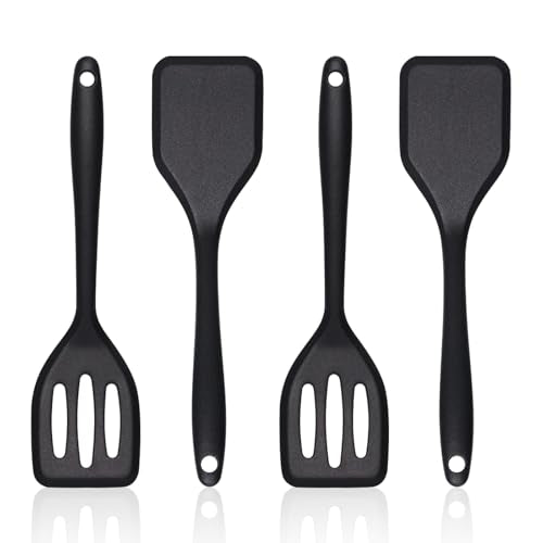 Small Silicone Serving Spatula Set of 4 for Egg, Steak, Pancake | Non-stick, Non-Scratch, Flexible, Easy to Clean - color: Black