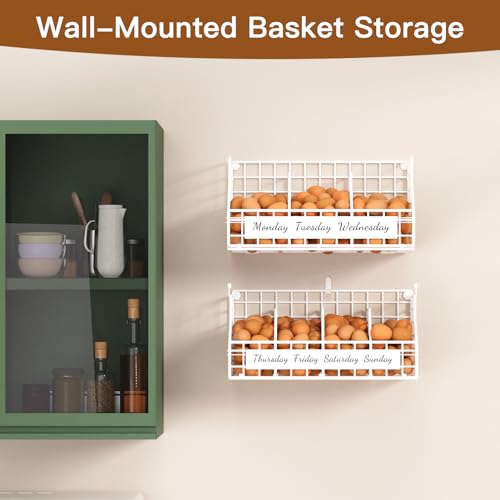 Egg Basket, Stackable Wall Mount Egg Holder Countertop with Weekday Labels | Rustproof carbon steel basket with adjustable dividers, ideal for backyard poultry, small kitchen & pantry storage, 2T White - color: White, size: 2-Tier（with printed labels）