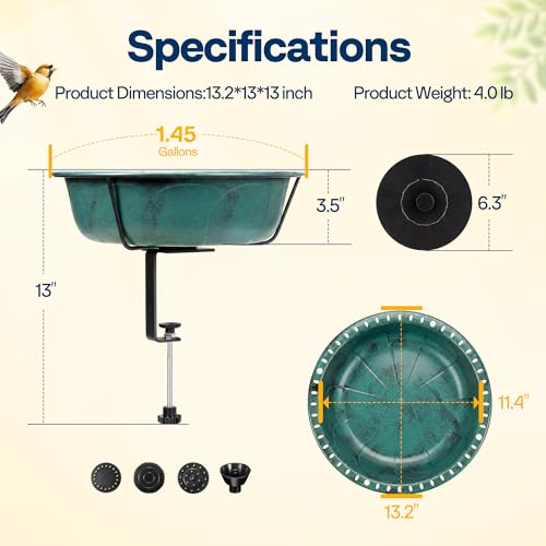 VIVOHOME Deck-Mounted Bird Bath with Solar Fountain, 13-Inch Bowl, Green | Solar-Powered Pump, Weather-Resistant ABS, Adjustable Metal Clamp, for Railing/Fence/Balcony, Bird-Friendly, Easy to Clean - color: Green, size: Birdbath with Fountain