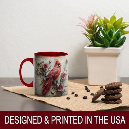 Cardinal Bird Coffee Mug, 11oz Ceramic Red with Songbird and Flower Design, Gift for Women, Nature Lovers, Birthdays, Tea, Coffee, Hot Chocolate Lovers, Artistic and Elegant (Red Cardinal Bird) - color: Cardinal Bird