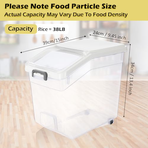 4 Pcs Rice Storage Container 38 lb Flour Container with Wheels Measuring Cup Clear Pet Food Bin Dog Birds Cat Food Bin Grain Cereal Organizer Box for Dry Baking Supplies(White Lid) - color: White Lid, size: 38 lb