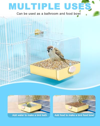 Hanging Bird Bath for Cage, 3 in 1 Multifunction Bird Bath/Bowl/House, Bird Cage Accessories Suitable for Small to Medium Birds Parakeet, African Grey, Conure, Cockatiel(6.8X6.8X6.8 inch Yellow) - color: Yellow