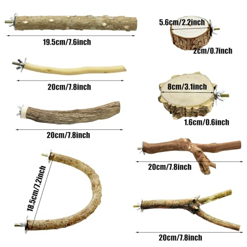 8 PCS Natural Wood Bird Perch Set, U Shape, Forking, No Branch, O Shaped Platform, Suitable for Cockatiel, Cockatoo, Budgie, Parakeet, Conure, Macaw, Love Bird