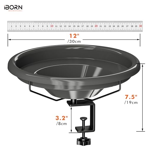 iBorn Bird Bath,Deck Mounted Bird Baths 12inch,Birdbath for Outside with Clamp 3.2inch,BPA-Free Bowl,Chew-Proof,Fully Detachable Design,Easy Clean & Refill,Gray,1 Pack（Not Include Fountain） - style: Deck Mounted Bird Bath Gray