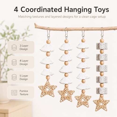 4 Pack Hanging Bird Chew Toys for Small Birds Cuttlebone and Pumice Cage Toys with Rattan Star and Wood Beads for Cockatiel Budgie Parakeet Conure Lovebird - size: 4 Pack