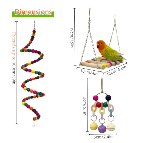 7 Packs Bird Toys for Parakeets, Colorful Parrot Toys with Swings, Bells, Beads, and Perches, Natural Wood Bird Cage Toys for Cockatiels, Lovebirds, Budgies, Conures, and Small Birds