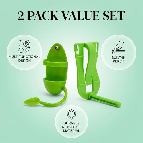 2 Pack Cuttlebone Holder for Bird Cage Green Bird Fruit Feeder Clip with Perch Stand. Millet Holder for Bird Cage Accessories for Parakeet Budgie Cockatiel (Vegetable Bracket)