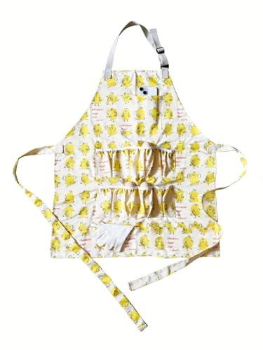 Full Egg Apron for Teenage, 8 Deep Egg Pockets with Elastic Closure | Long Wasit Ties, 2 Chest & 3 Bottom Extra Tool Pockets, Adjustable Strap, Yellow Chick Printed, Egg Collect Gather Hold Apron - color: Yellow for Teen