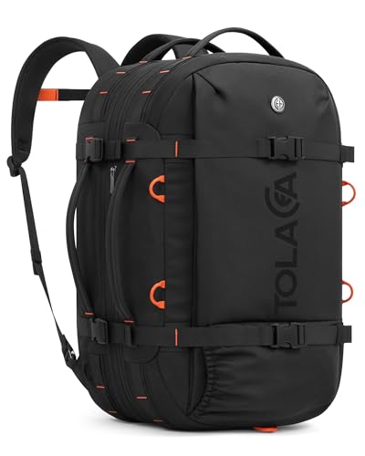 Tolaccea Travel Backpack 40-50L, 16" Laptop Carry On Duffle for Travel Work | 40-50L Expandable, TSA Approved 180° Open, 3L Wet-Dry Pocket, RPET Fabric, 3-in-1 Convertible Carrying, Detachable Waist Belt - color: Black