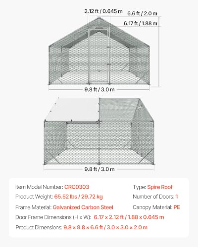 VEVOR Large Metal Chicken Coop,9.8 x 9.8 x 6.6 ft, Walk-in Chicken Run House with Waterproof Cover & Sturdy Frame, Spire Roof Poultry Cage Duck Pen for Rabbit Hen Goose Outdoor Backyard Farm Use - size: 118.1"L x 118.1"W x 78.7"H