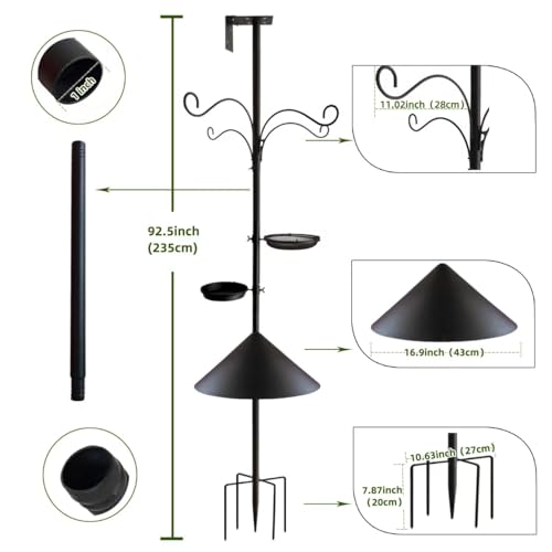 Bird Feeder Pole - 92 Inch Heavy Duty Birdhouse Stand with Squirrel Proof Baffle for Outdoor, Adjustable Bird Feeding Station with Multi Shepherds Hooks Mental Trays for Garden Attracting Wild Birds - color: Black
