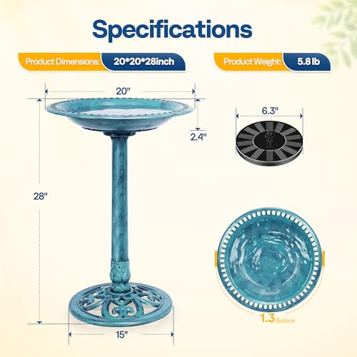 VIVOHOME Bird Bath with Solar Fountain for Outside, Pedestal, Blue | Solar-Powered Pump, Weather-Resistant Polyresin, 20-Inch Bowl, for Outdoor/Garden, Bird-Friendly, Easy to Clean - color: Blue