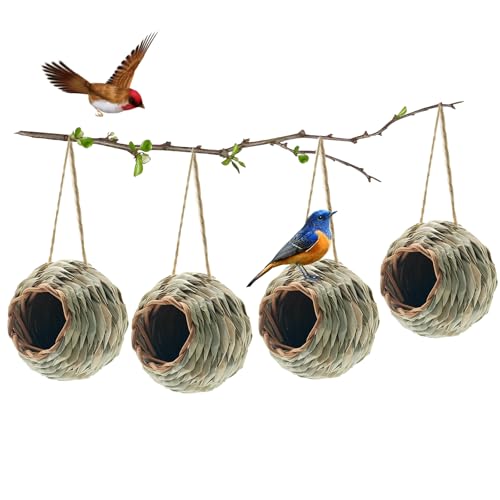 WDEFUN Humming Bird Houses for Outdoor Hanging, Natural Grass Bird Hut,Hand Woven Hummingbird Nest,Wren Finch Bird House for Garden Window Outdoor Home 4 Pack - size: ball shape 4 pcs