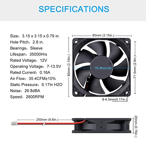 GDSTIME 80mm x 20mm 8020 12V DC Brushless PC Case Cooling Fan 2Pin | Replacement Fans for Mini Fridge, Chicken Egg Incubator, SFF Case, Desktop Power Supply, Wine Fridge, Cigar Humidor - size: 80x80x20mm
